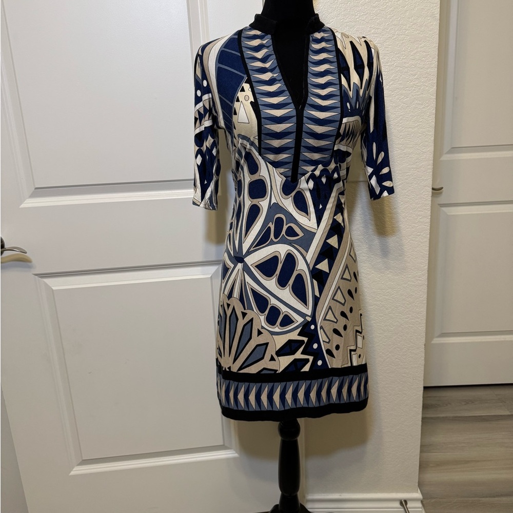Boston Proper Geometric Patterned Dress - Blue and Beige